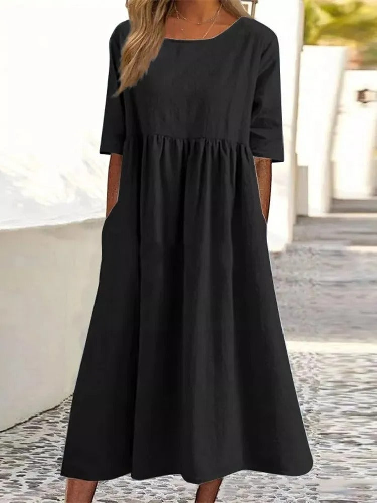 Street-Wave Elegant Blue Striped Midi Dress For Women Timeless Chic With Half Sleeves Versatile Wear