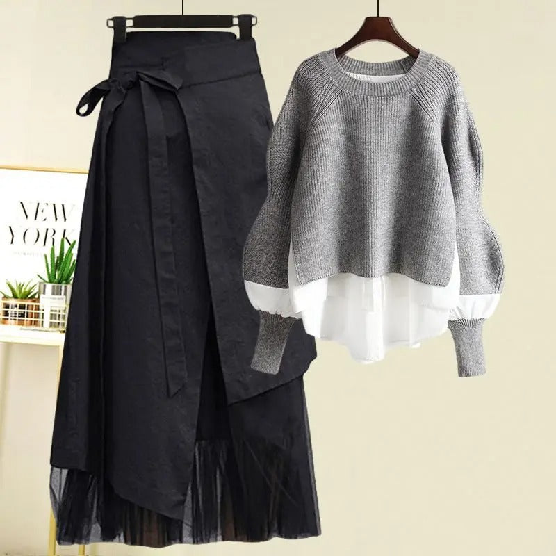 Street Wave Womens Knit Sweater And Skirt Set Soft Ribbed Comfort Layered Hem Versatile Chic