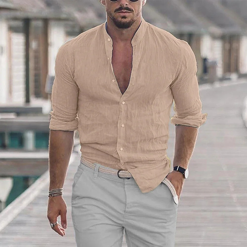 Street Wave Mens Slim Fit Linen Blend Shirt With Mandarin Collar Breathable Smart
