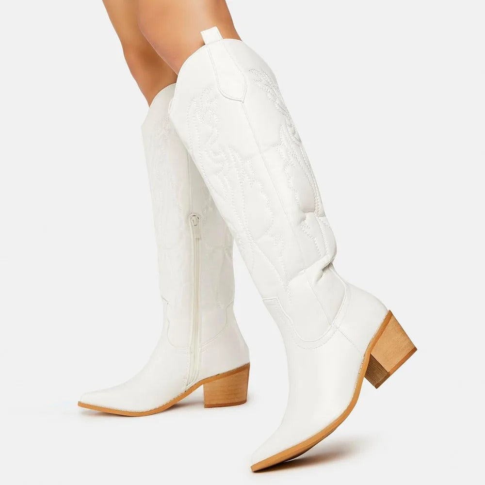 Street-Wave Knee High Cowboy Boots For Women - Black Faux Leather With Embroidered Western Details