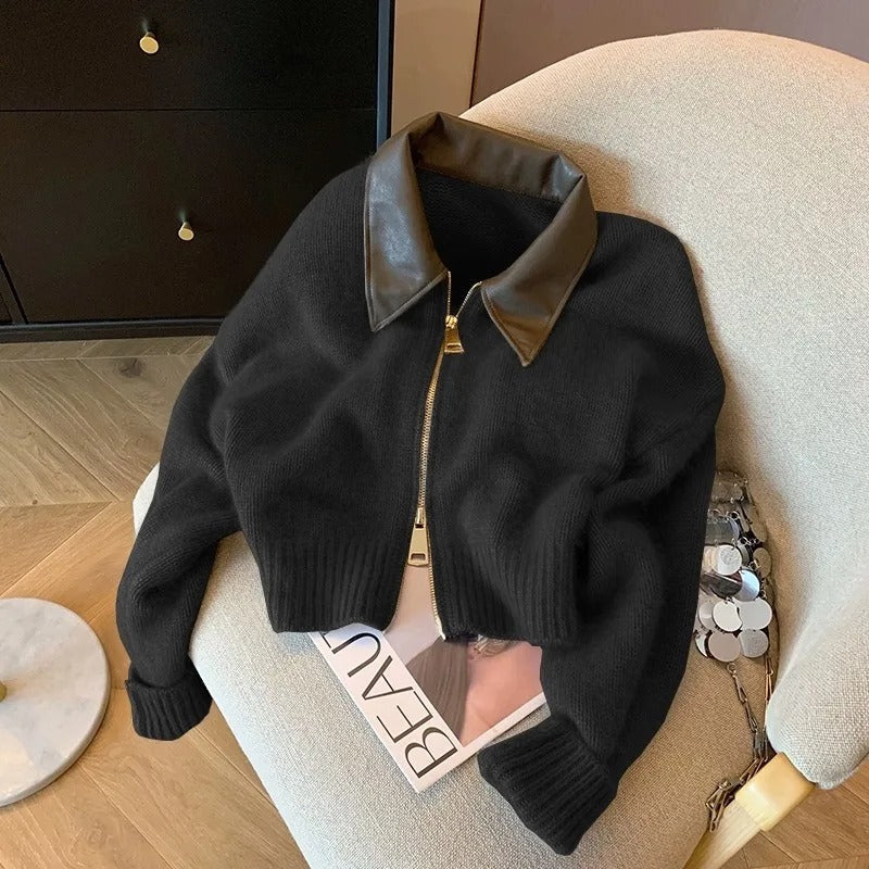 Street-Wave Leather Collar Zip Knit Jacket For Style Conscious Urbanites Premium Elegant Outerwear