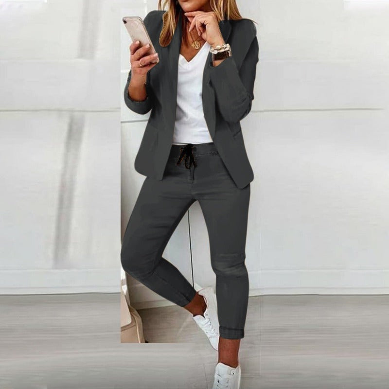 Street-Wave Elegant One Button Blazer Set With Elastic Joggers For Women Office Casual Suit