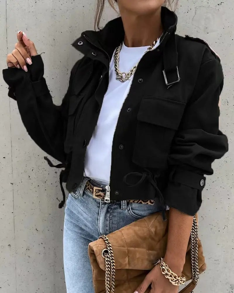 Street Wave Womens Camouflage Jacket Trendy Cropped Style With Drawstring Hem For Fashion Forward Women