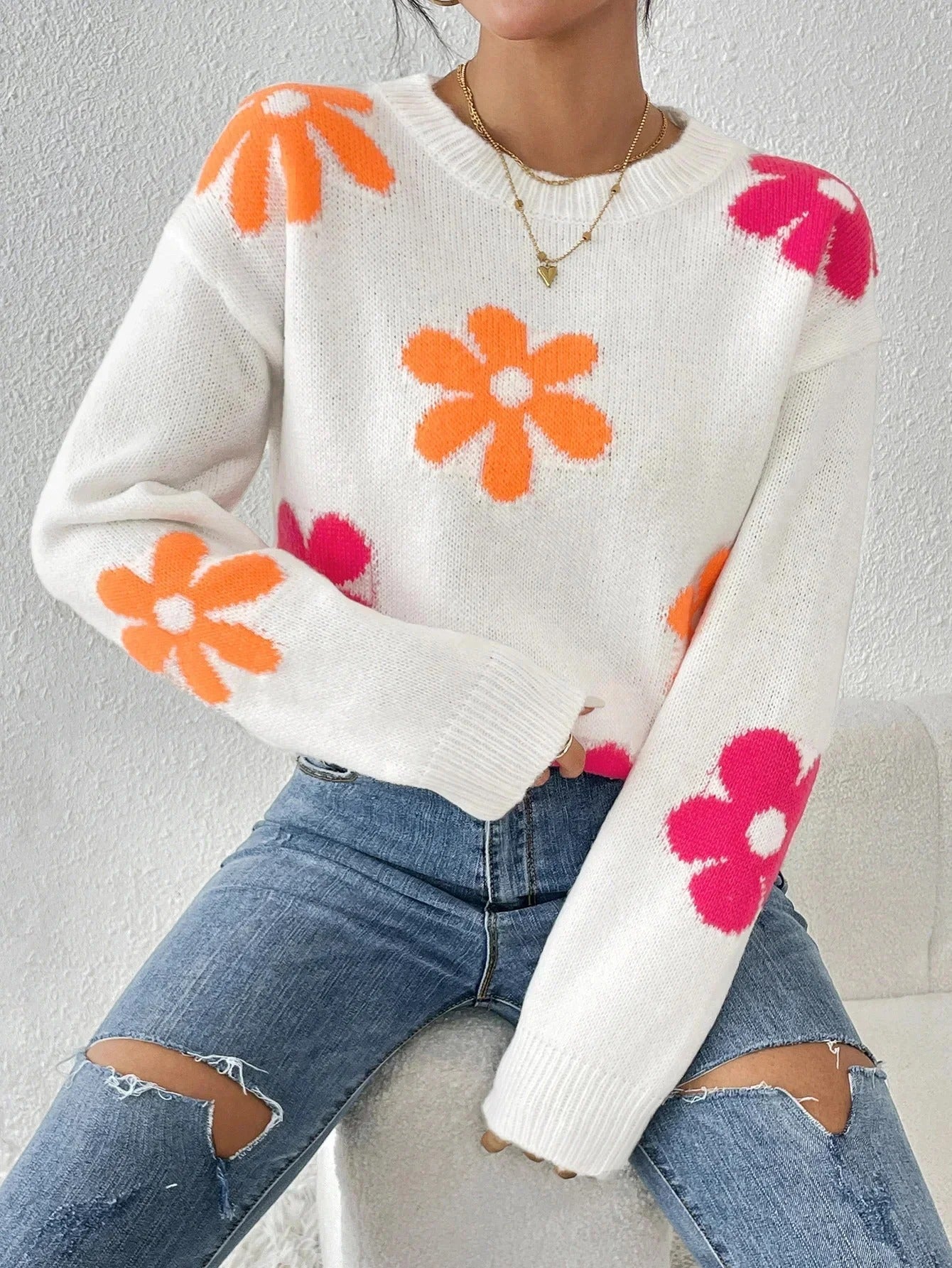 Street Wave Floral Knit Sweater For Women Cozy Soft Stretchy Pullover With Pink Floral Print