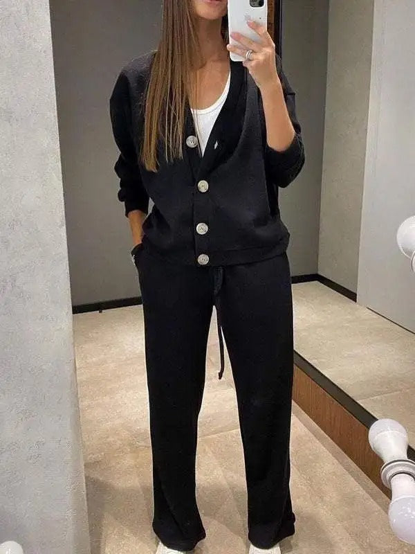 Street-Wave Women's Knit Cardigan And Pants Set With Button Closure Cozy Everyday Comfort