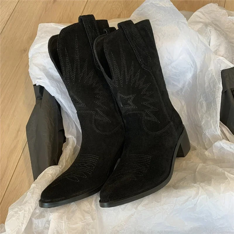 Street Wave Embroidered Leather Western Boots For Women And Men Durable Cowboy Style Footwear