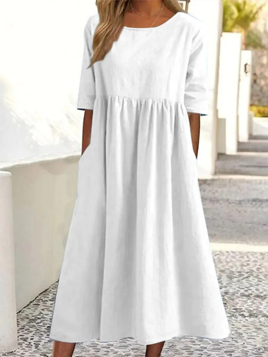 Street-Wave Elegant Blue Striped Midi Dress For Women Timeless Chic With Half Sleeves Versatile Wear