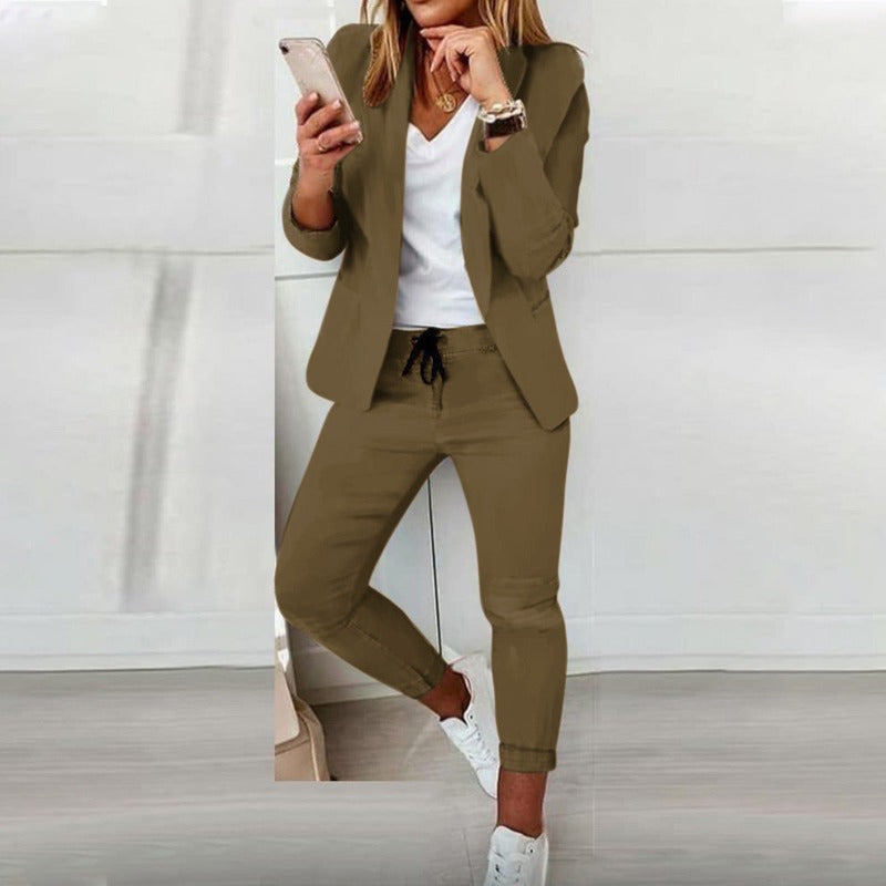 Street-Wave Elegant One Button Blazer Set With Elastic Joggers For Women Office Casual Suit