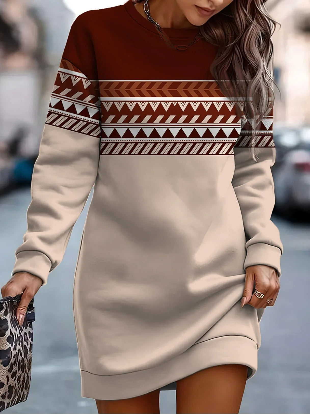 Streetwave Winter Print O Neck Dress For Women Cozy Festive Style With Geometric Pattern