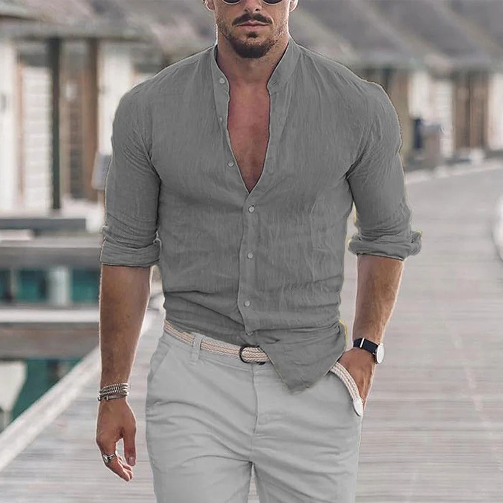 Street Wave Mens Slim Fit Linen Blend Shirt With Mandarin Collar Breathable Smart