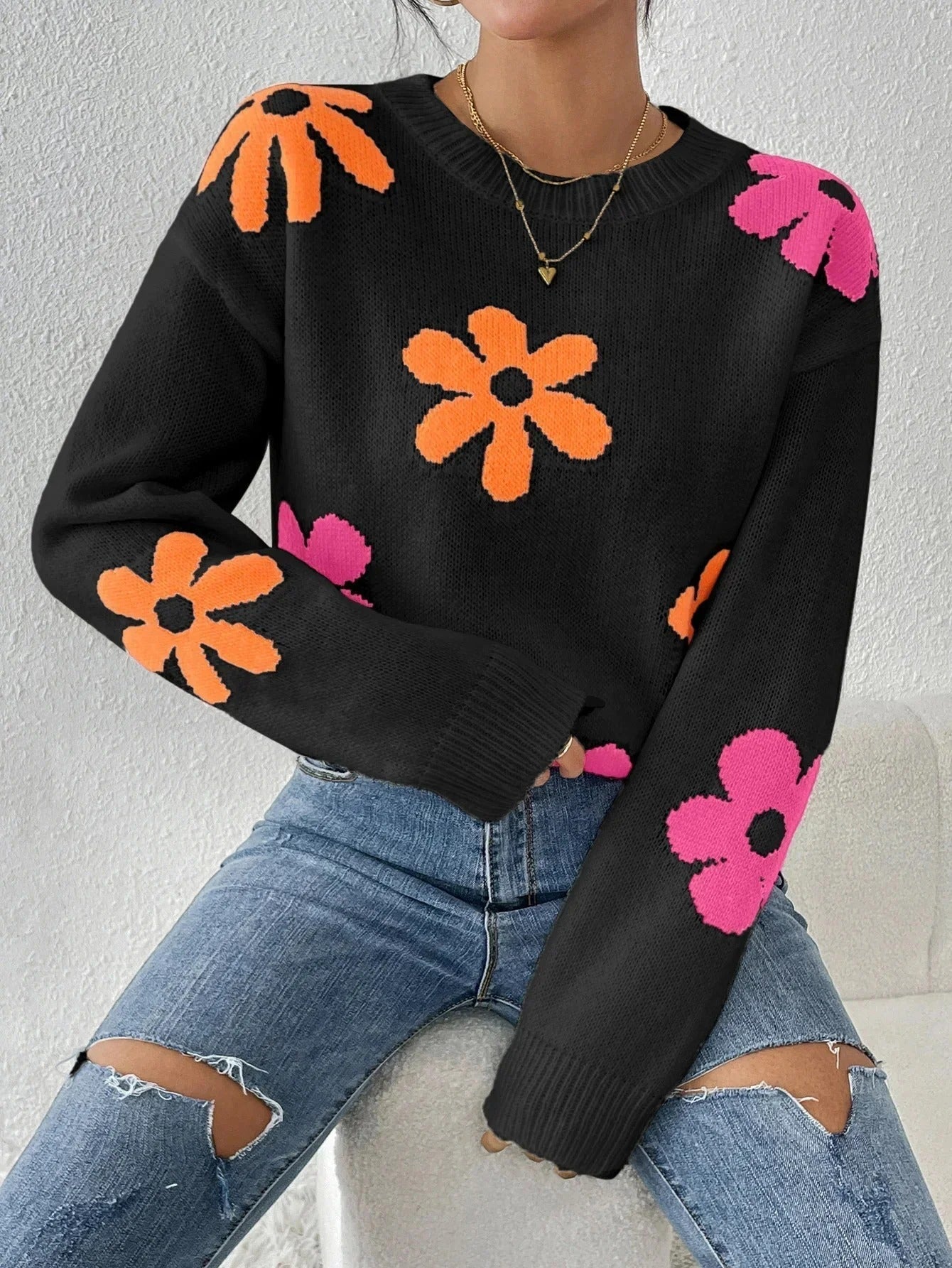 Street Wave Floral Knit Sweater For Women Cozy Soft Stretchy Pullover With Pink Floral Print