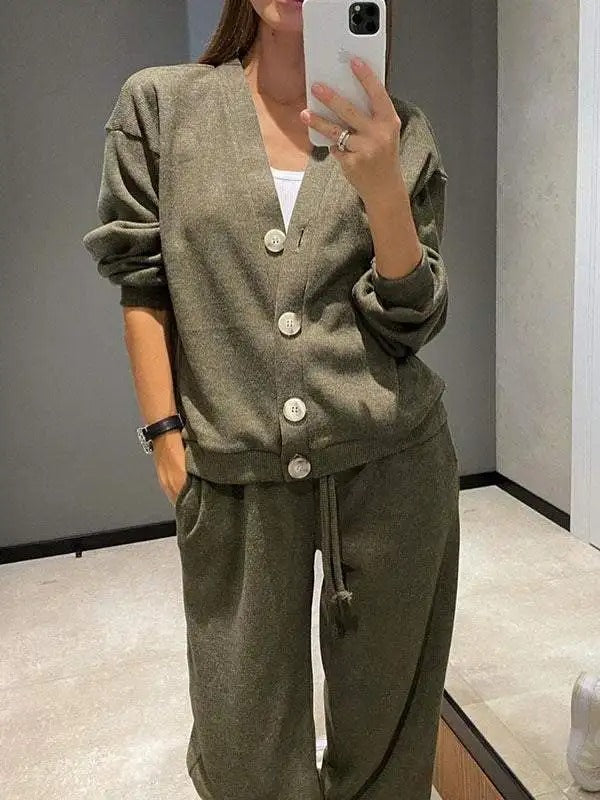 Street-Wave Women's Knit Cardigan And Pants Set With Button Closure Cozy Everyday Comfort