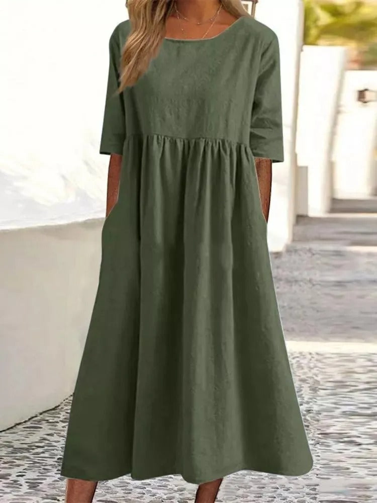 Street-Wave Elegant Blue Striped Midi Dress For Women Timeless Chic With Half Sleeves Versatile Wear