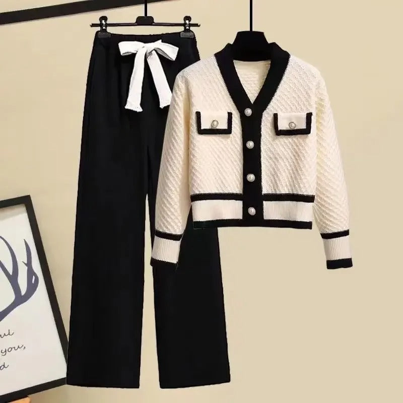 Street-Wave Knit Sweater And Wide-Leg Pants Set For Women Cozy Breathable Comfort