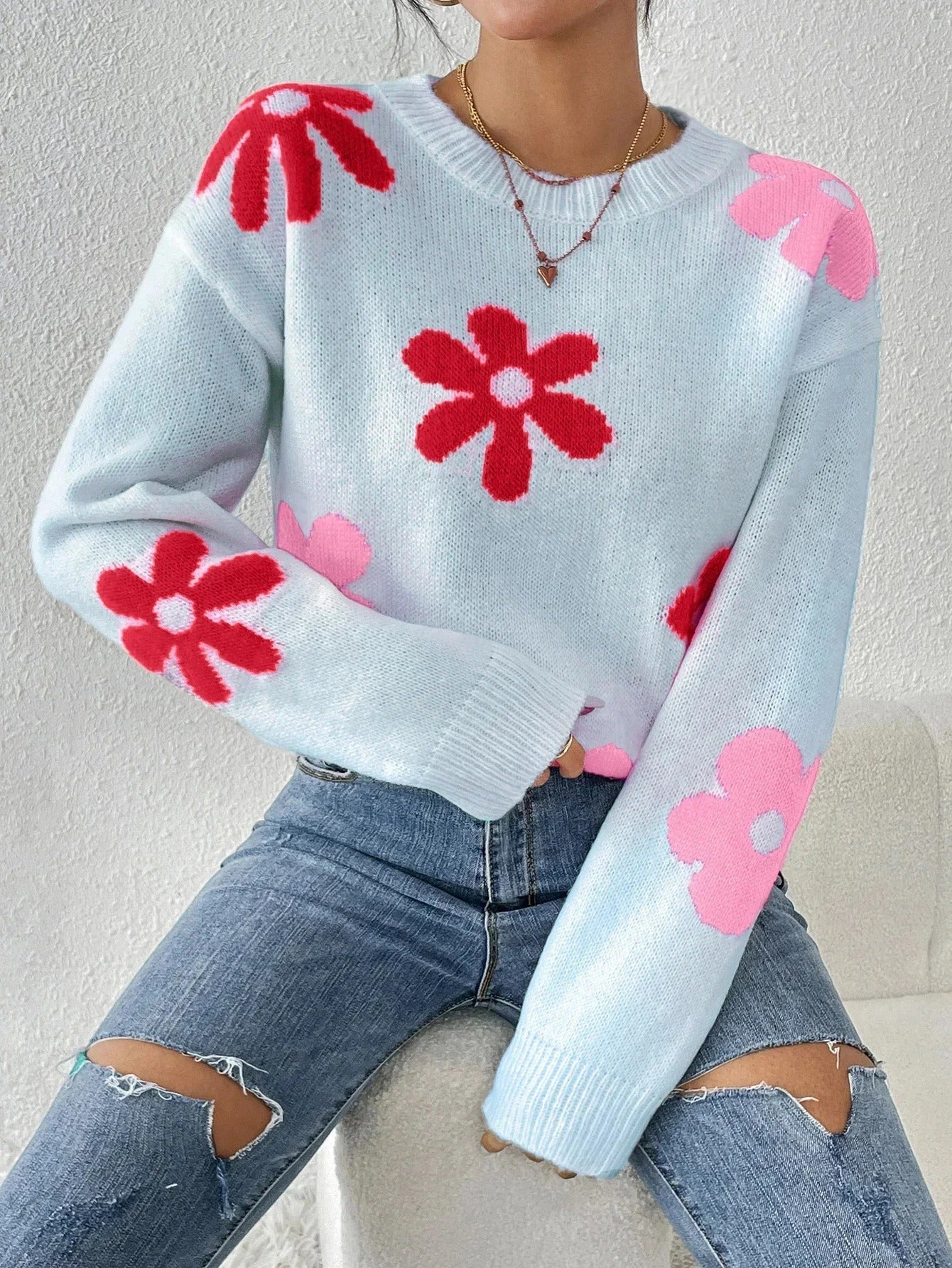 Street Wave Floral Knit Sweater For Women Cozy Soft Stretchy Pullover With Pink Floral Print