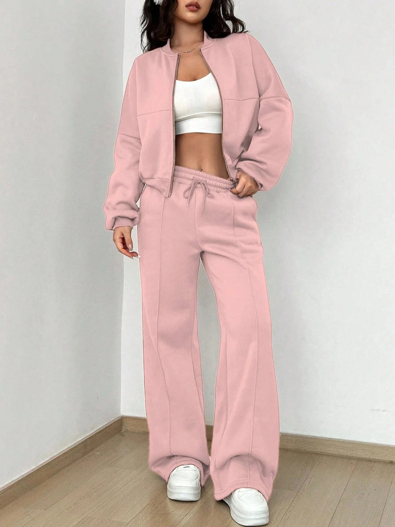 Streetwave Women Two Piece Bomber Jacket And Pants Set Cozy Street Style Outfit Essentials