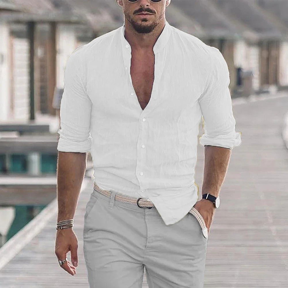 Street Wave Mens Slim Fit Linen Blend Shirt With Mandarin Collar Breathable Smart