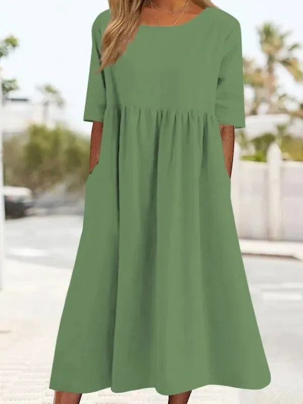 Street-Wave Elegant Blue Striped Midi Dress For Women Timeless Chic With Half Sleeves Versatile Wear