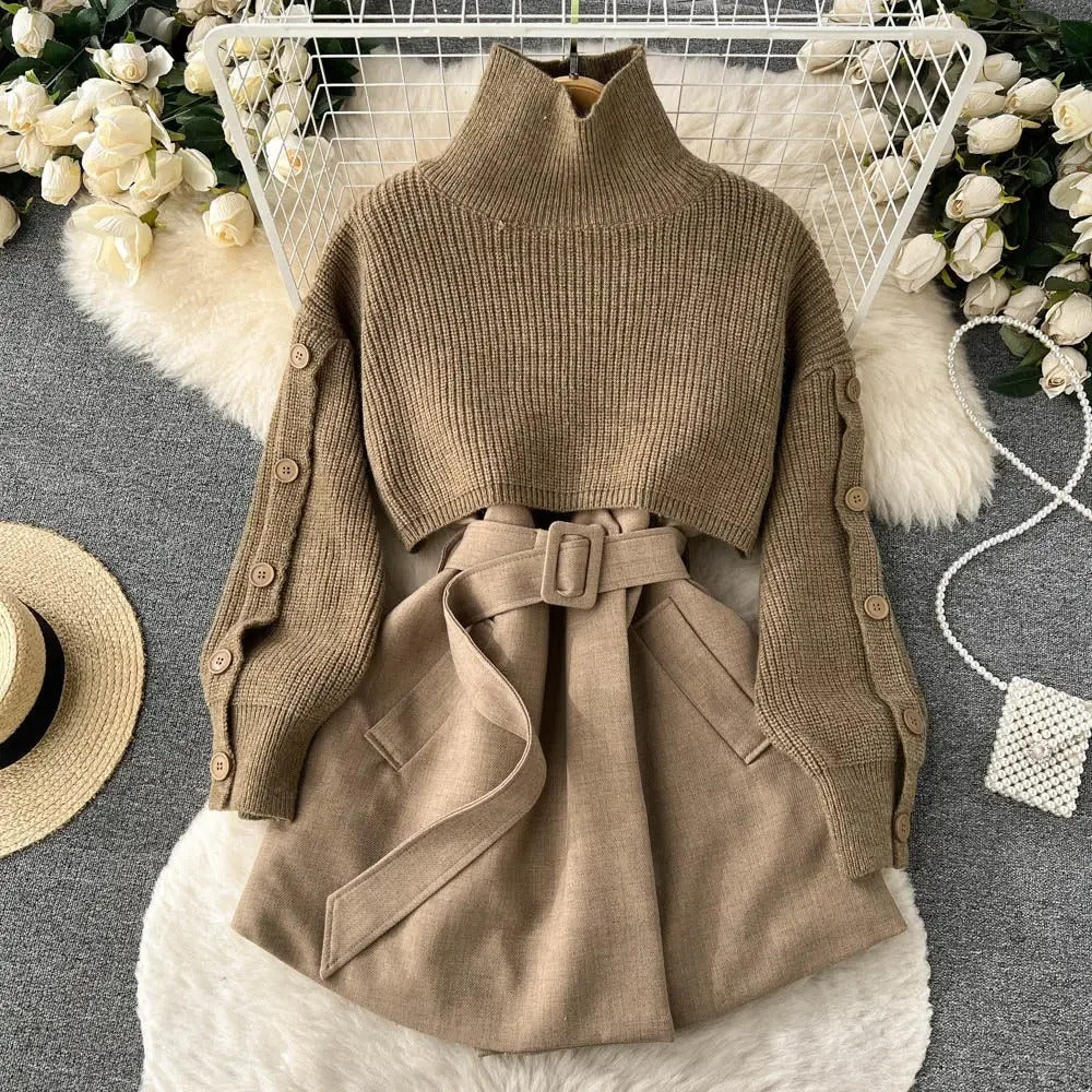Street-Wave Short Knit Cardigan Skirt Set For Women Modern Chic Two Piece Knitwear
