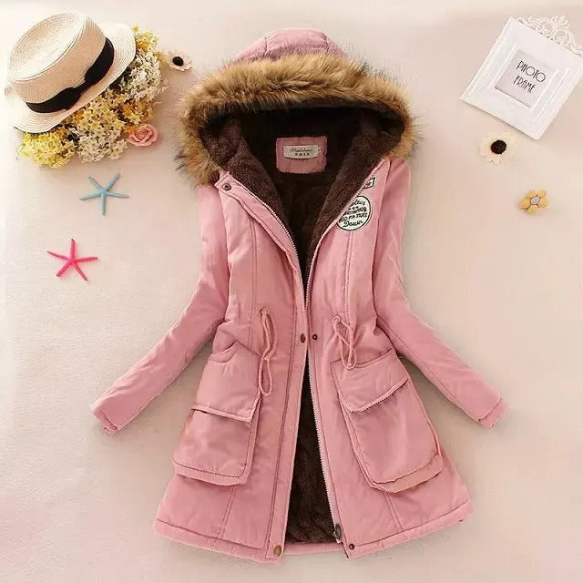 Street-Wave Hooded Padded Cotton Jacket Women Warm Fur Trim