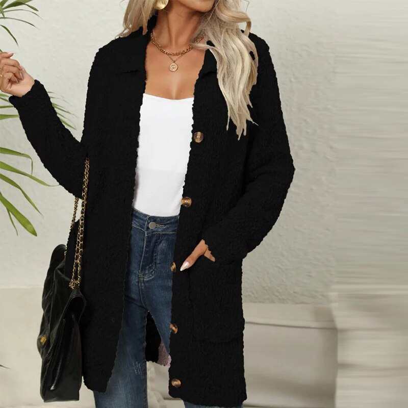 Street-wave Long Fleece Cardigan For Women With Pockets Cozy Warm Knit Wear Everyday Comfort