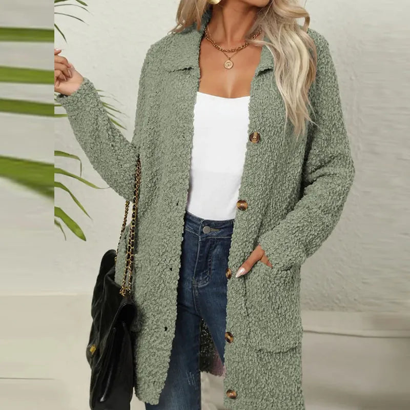 Street-wave Long Fleece Cardigan For Women With Pockets Cozy Warm Knit Wear Everyday Comfort