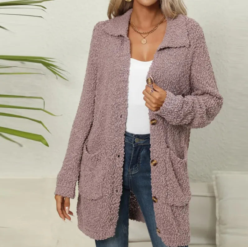 Street-wave Long Fleece Cardigan For Women With Pockets Cozy Warm Knit Wear Everyday Comfort