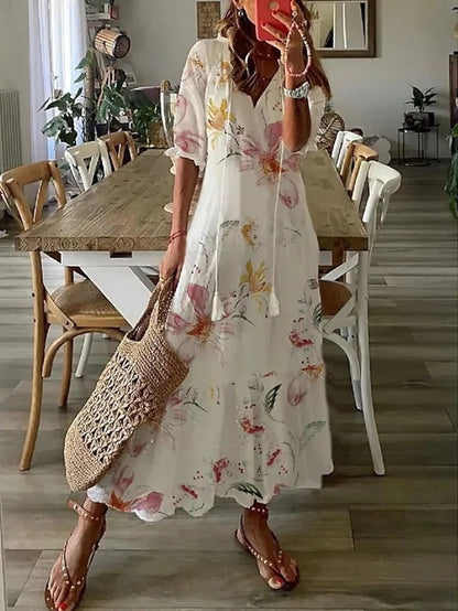 Sira Boho Dress By Street-wave For Women With Effortless Loose Fit Lantern Sleeves V Neck And Airy A Line Maxi