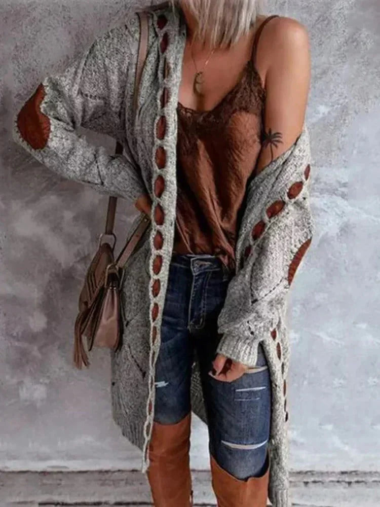 Street-Wave Vintage Style Cardigan For Women Long Sleeve Cozy Knit With Openwork Detailing For Everyday Wear
