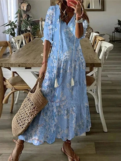Sira Boho Dress By Street-wave For Women With Effortless Loose Fit Lantern Sleeves V Neck And Airy A Line Maxi