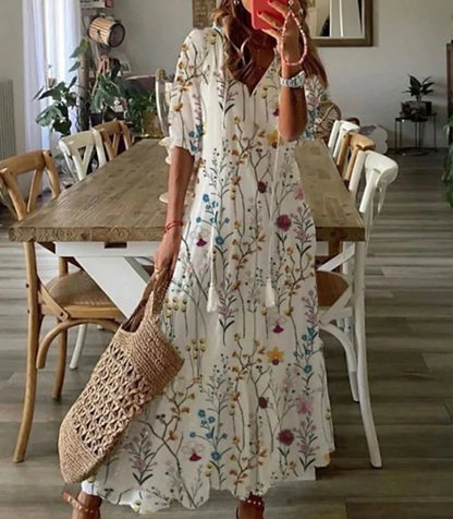 Sira Boho Dress By Street-wave For Women With Effortless Loose Fit Lantern Sleeves V Neck And Airy A Line Maxi