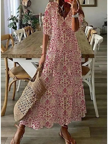 Sira Boho Dress By Street-wave For Women With Effortless Loose Fit Lantern Sleeves V Neck And Airy A Line Maxi