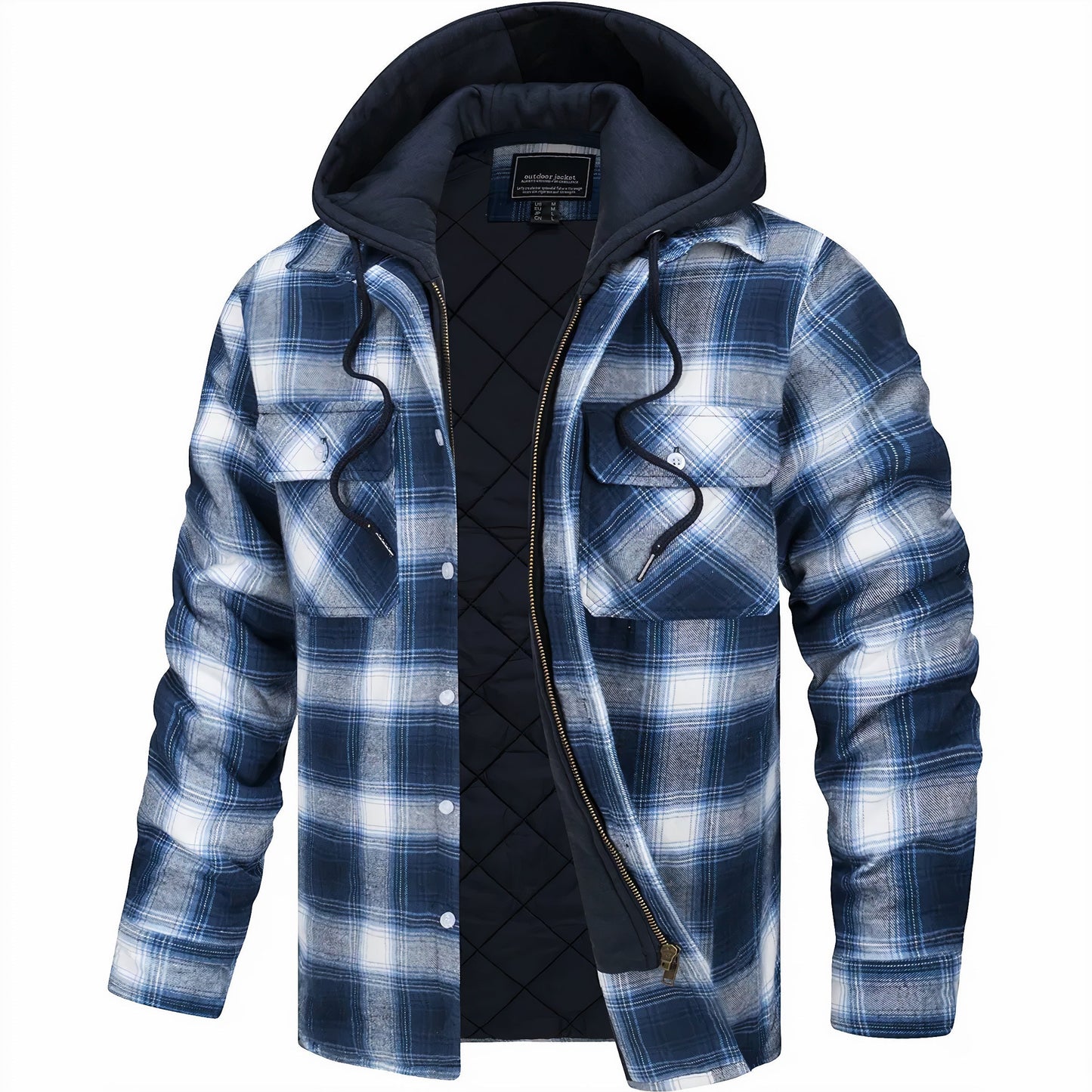 Street-wave Mens Quilted Plaid Jacket With Hood Warm Winter Outerwear For Everyday Style