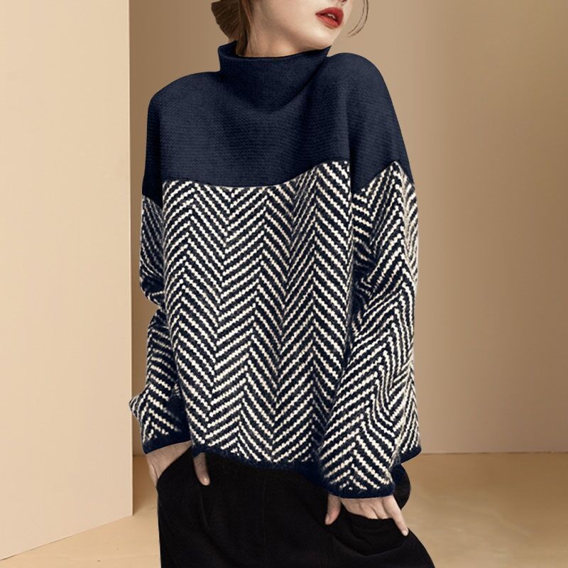 Street-wave Patterned Chevron Knit Sweater For Women, Cozy Relaxed Fit, Versatile Pullover