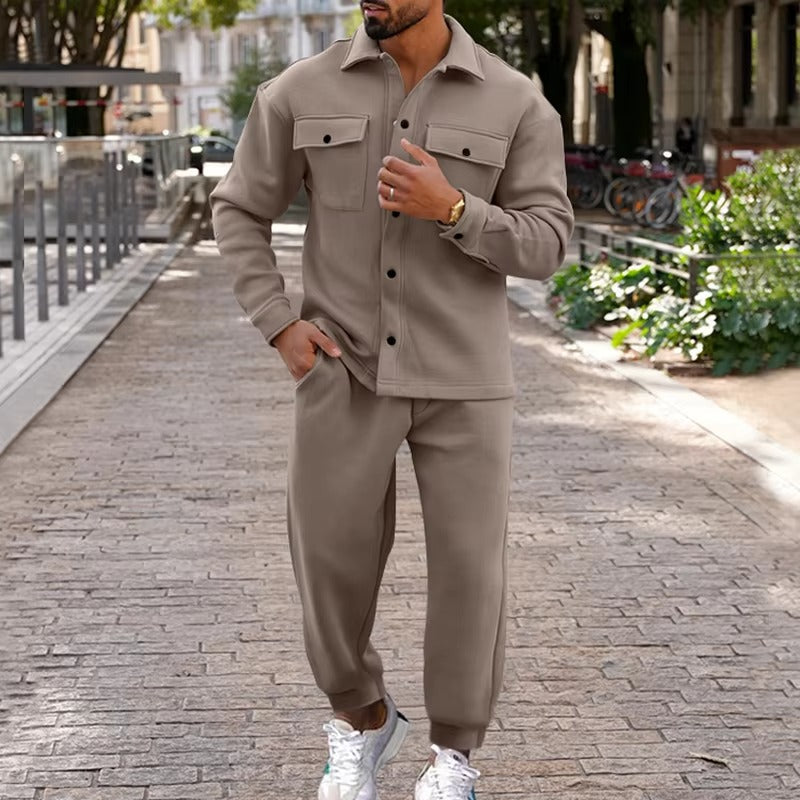 Street-Wave Men's Autumn Winter Suede Cargo Jacket And Pants Two Piece Set With Multi Pocket Design