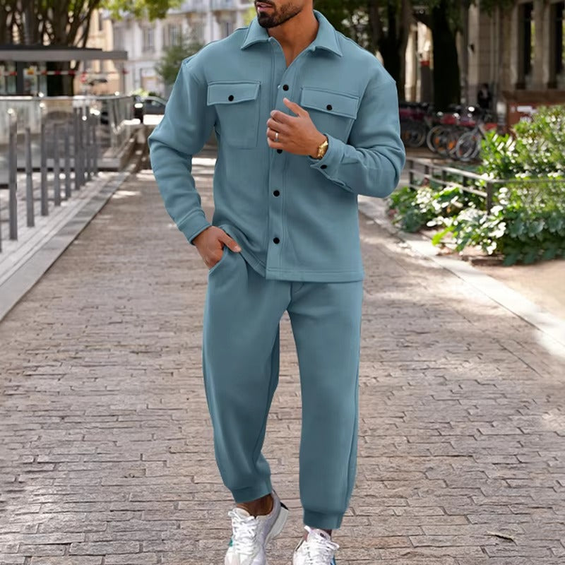 Street-Wave Men's Autumn Winter Suede Cargo Jacket And Pants Two Piece Set With Multi Pocket Design