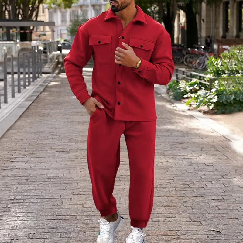 Street-Wave Men's Autumn Winter Suede Cargo Jacket And Pants Two Piece Set With Multi Pocket Design