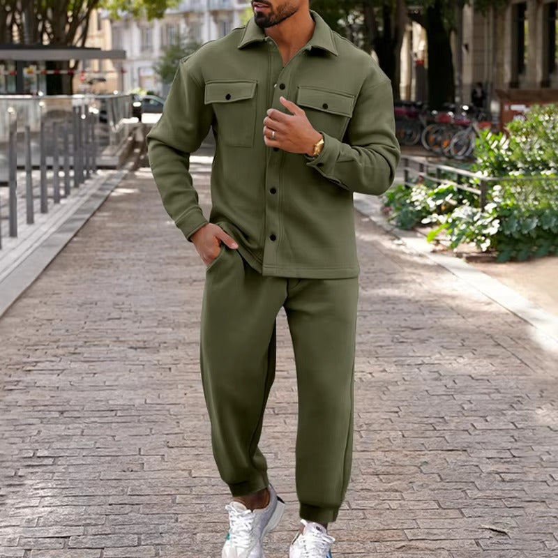 Street-Wave Men's Autumn Winter Suede Cargo Jacket And Pants Two Piece Set With Multi Pocket Design