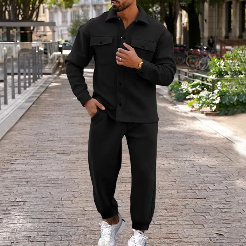 Street-Wave Men's Autumn Winter Suede Cargo Jacket And Pants Two Piece Set With Multi Pocket Design