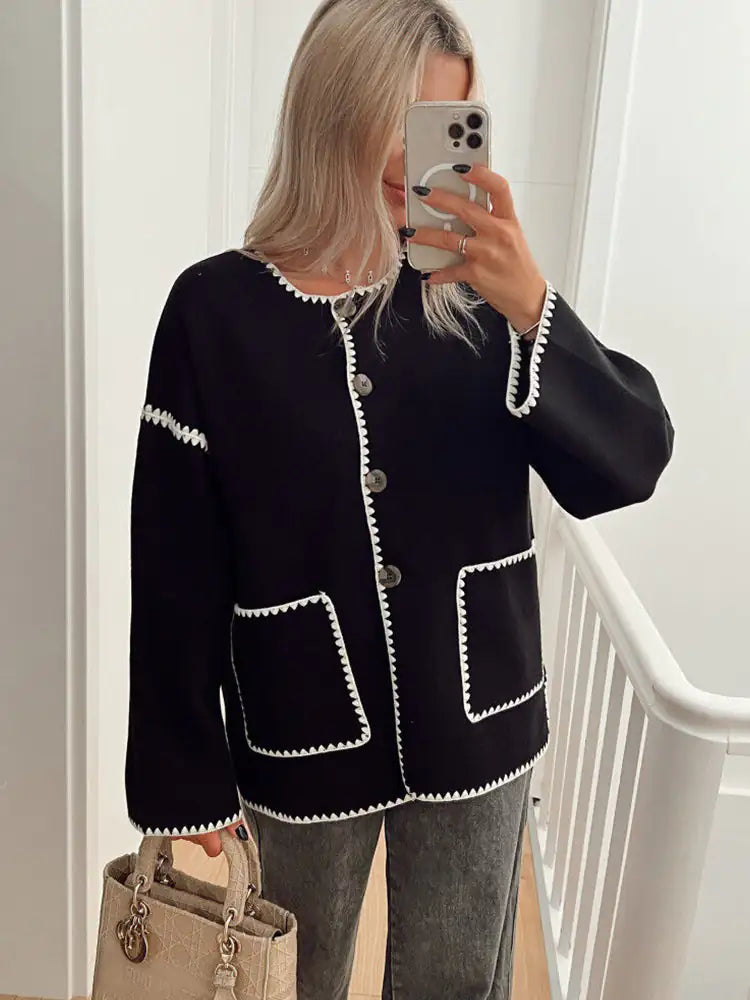 Street-wave Women Cardigan With Contrast Piping And Front Pockets For Effortless Chic Everyday Knitwear