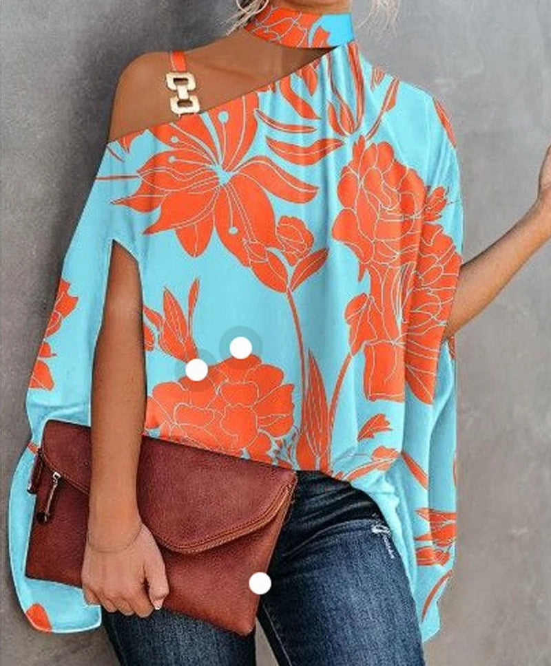 Street Wave Caya Asymmetrical One Shoulder Top with Gold Buckle Colorful Print for Women