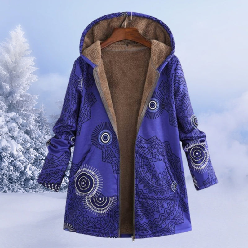 Street-Wave Floral Winter Coat For Women Warm Fleece-Lined Hooded Jacket With Cozy Lining