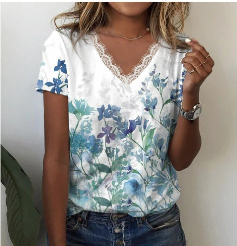 Streetwave Floral V Neck Tee For Women All Day Comfort With Soft Lightweight Lace Trim