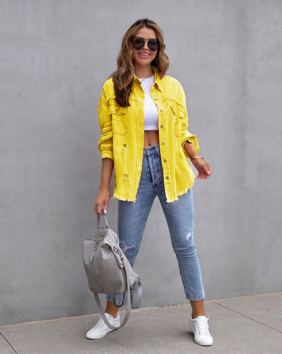 Street-Wave Oversized Denim Jacket With Destroyed Look For Women, Effortless Street Style