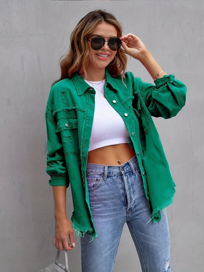 Street-Wave Oversized Denim Jacket With Destroyed Look For Women, Effortless Street Style