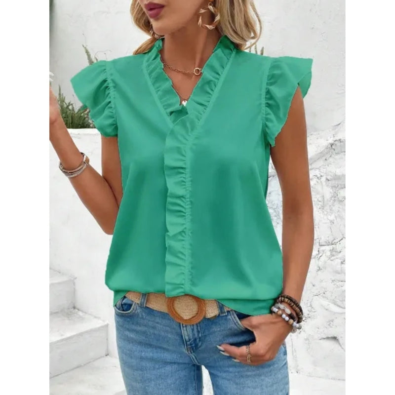 Street-Wave Pink V-Neck Ruffle Blouse For Women - Feminine Elegant Summer Top For Everyday Wear
