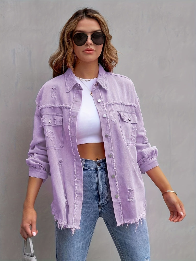 Street-Wave Oversized Denim Jacket With Destroyed Look For Women, Effortless Street Style