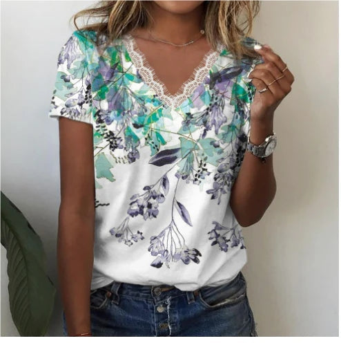Streetwave Floral V Neck Tee For Women All Day Comfort With Soft Lightweight Lace Trim