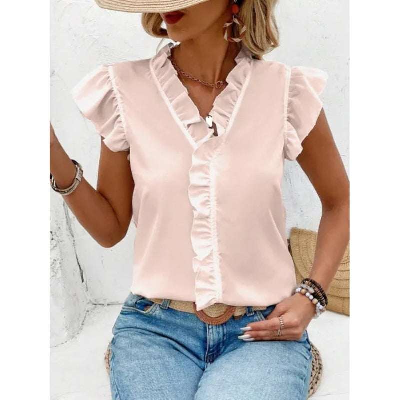 Street-Wave Pink V-Neck Ruffle Blouse For Women - Feminine Elegant Summer Top For Everyday Wear