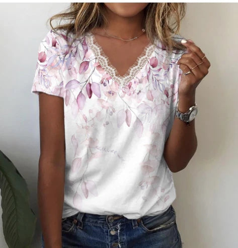 Streetwave Floral V Neck Tee For Women All Day Comfort With Soft Lightweight Lace Trim